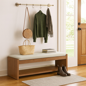 Banco de Madera de Teca para Interiores con Cojín, Duradero, de Alta Densidad y con Estante de Almacenamiento, Diseño Moderno - Fabiola - Product Image 6