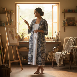 Robe Kimono en Coton Imprimé Floral Gris Faite à la Main pour Femme, Col en V, Manches Longues, Longueur Maxi, 2 Poches Avant, Nuisette Dori - Product Image 5