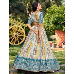 Lovely White & Blue Digital Printed Chinon Sangeet Wear Lehenga Choli - Product Image 1