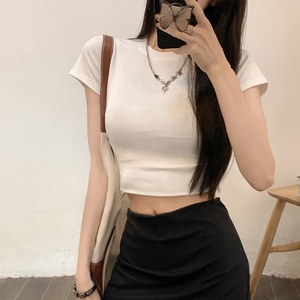 Camiseta Corta de Cuello Redondo Blanca para Mujer, Manga Corta, Corte Ajustado, Color Sólido, Informal, Transpirable, para Primavera y Verano - Product Image 1