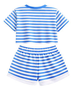 Conjunto de Top Corto y Pantalones Cortos a Rayas Blancas y Azul Cielo para Mujer, Atuendo Casual de Verano de Dos Piezas, Cintura Elástica, Ropa de Salón, Ropa Urbana OEM - Product Image 4
