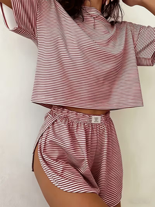 Women Striped Summer Casual Daily Wear 2 Piece Pajama Set Short Sleeve Crew Neck Tee Side Split Shorts for Wear - Product Image 2
