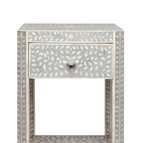 Mesita de noche con incrustaciones de hojas florales únicas y gabinete de lujo con estante abierto de capiz para un uso elegante en el dormitorio del hogar. - Product Image 3