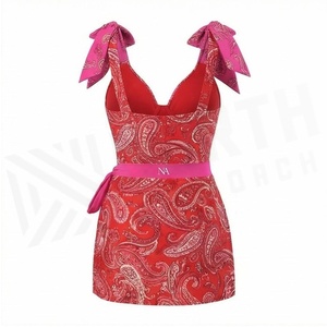NORTH APPROACH Women's <b>Red</b> Paisley Print Swimdress With Pink Halter Straps And <b>Belted</b> Waist - Product Image 2