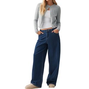 Jean en denim bleu foncé vintage pour femme, coupe large, taille haute, style décontracté urbain, vente en gros, personnalisation OEM - Product Image 1