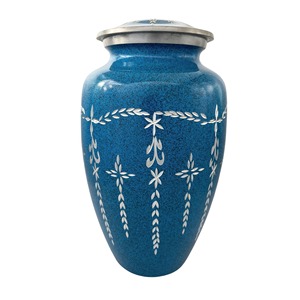 Urne funéraire blanche de haute qualité, gravée à la main, avec un design en émail bleu, capacité de 200 pouces cubes, style américain - Product Image 1