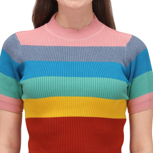 Women's <b>Rainbow</b> Stripe Knitted Breathable Polyester/Cotton Crop <b>Top</b> Short Sleeve O-Neck Casual Winter Regular Fit Color Blocked - Product Image 6