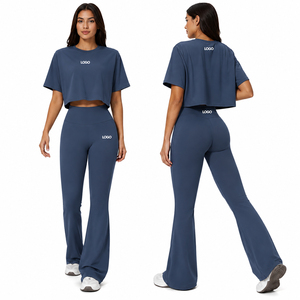 Womens 2 Piece Yoga Set Crop Top & High Waist <b>Flare</b> <b>Leggings</b> Fitness Gym Workout Activewear Lounge Wear Set - Product Image 2