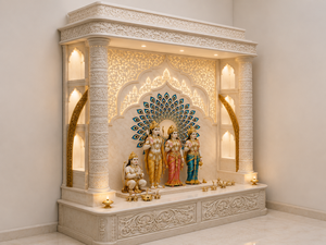 Modern Teak Wood Pooja Temple in White Finish Luxury White Teak Wood Ram Darbar Pooja <b>Mandir</b> High-End Wooden Hindu Shrine - Product Image 2