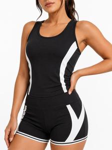 Ensemble de yoga 2 pièces pour femme : débardeur dos nageur à col rond et short taille haute, color block, rayures contrastées, séchage rapide, sans coutures, sport - Product Image 1