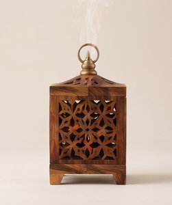 <b>Wooden</b> Incense Holder Lantern Censer Floral Lattice Cutout Brass Ring <b>Finial</b> Aromatherapy Gift - Product Image 2