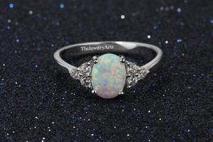 Dainty White <b>Opal</b> <b>Ring</b> 925 Sterling Silver CZ Accent Gemstone Jewelry Bridal Bridesmaid Gift Wedding <b>Ring</b> <b>for</b> <b>Women</b> - Product Image 2