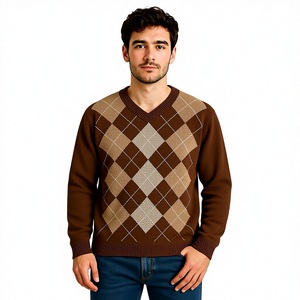 Pull en tricot à col en V pour homme, motif losanges, coupe ajustée, style décontracté, pour l'automne et le printemps, couleur marron, vêtements en tricot pour homme - Product Image 1