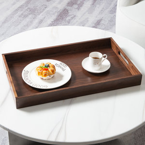 Plateau de service rectangulaire en bois brun foncé fait à la main avec poignées, plateau de table basse, plateau de service alimentaire, plateau décoratif - Product Image 4