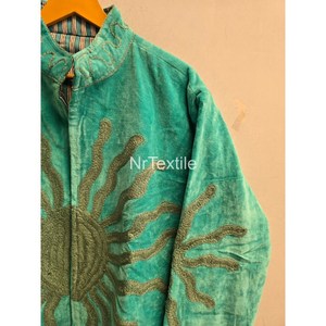 Turquoise Velvet Blouson Jacket Mandarin Collar Full Sleeve Hand Embroidered Sun Pattern Autumn Women's <b>Coat</b> - Product Image 4