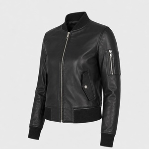 Blouson aviateur noir en cuir véritable pour femme, blouson de motard en peau d'agneau de qualité supérieure, style classique aviateur, col côtelé - Product Image 3
