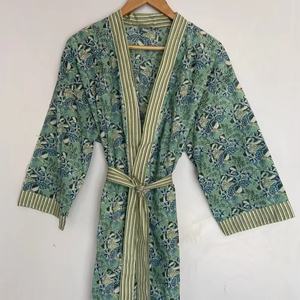 Bata Kimono de Algodón 100% para Mujer, Estampado de Bloques Textil Naaz, Diseño de Dibujos Animados, Hecha a Mano, ODM, Cuello en V, Cintura Elástica, Larga, para Verano - Product Image 1