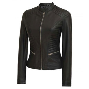 แจ็คเก็ตหนังแท้สีดำสไตล์คาเฟ่เรเซอร์สำหรับผู้หญิง ทรงเข้ารูป มีกระเป๋าซิป ดีไซน์เรียบหรู รับผลิตแบบ OEM ODM - Product Image 6