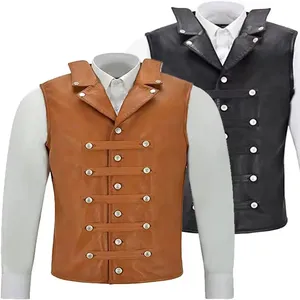 Chaleco sin mangas de cuero negro para hombre con botones a presión de doble botonadura, para todas las estaciones, estilo Guruna Biker Patchwork - Product Image 1