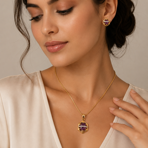 18ct Rose Gold Amethyst Diamond Engagement Pendant Earrings Set for Women High Polish Geometric Party Wedding Gift Jewelry - Product Image 1
