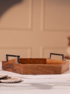 Plateau de service en bois pour thé et café avec poignées métalliques, forme hexagonale, plateau de service pour desserts et dattes, à vendre - Product Image 2