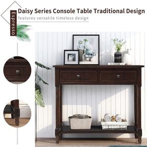 Consolle dal Design Tradizionale con Due Cassetti e Ripiano Inferiore, Tavolino Laterale in Teak MDF Color Espresso per Ingresso, Appartamento, Arredamento Casa - Product Image 4