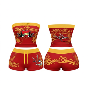 Ensemble short 2 pièces rouge pour femme, motif lettres, haut sans bretelles, short au-dessus du genou, décontracté, coton et polyester, pour printemps et été - Product Image 1
