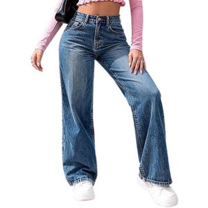 Jean large délavé bleu moyen personnalisé pour femme, taille haute, classique, en pur coton respirant, pantalon de qualité supérieure - Product Image 3