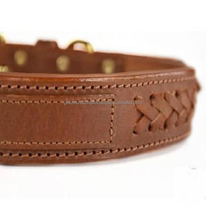 Conception tressée à la main personnalisée collier de chien en cuir rembourré souple cousu à bords solides avec accessoires de luxe en laiton plaqué or - Product Image 3