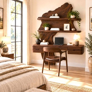 Bureau mural contemporain en bois artisanal avec étagères en forme d'arbre et tiroir pour bureau à domicile - Product Image 5