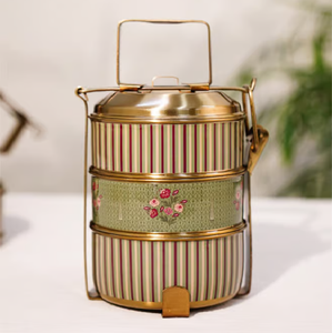 Luxury painted brass tiffin <b>box</b>, 3 tier antique motif food carrier, decorative meal <b>container</b>, available at wholesale prices. - Product Image 4