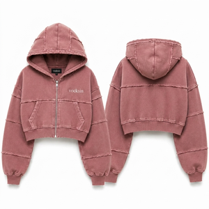 VOCKSIN Women's Oversized Cropped <b>Zipper</b> Hoodie Jogger Set Breathable Heavyweight French Terry Cotton Vintage Acid Wash Winter - Product Image 3