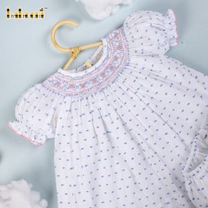 Robes pour bébés et enfants Babeeni Vintage à smocks géométriques 100% coton blanc et bleu à pois OEM ODM Vente en gros - DR3385 - Product Image 3