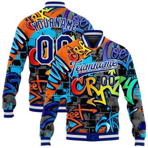 Veste bomber universitaire 3D à motif graffiti géométrique blanc royal, entièrement boutonnée, personnalisable en gros - Product Image 1