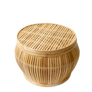 Panier en bambou naturel avec couvercle, contenants de rangement ronds, organisateur de cuisine tissé, articles ménagers de grande taille, boîte de décoration intérieure - Product Image 1