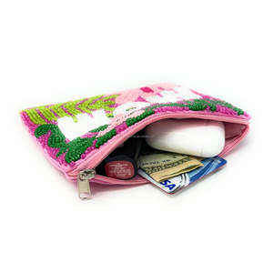 Porte-monnaie perlé MOM, motif floral, broderie de perles de rocaille, pochette faite main, cadeau, portefeuille zippé, artisanat personnalisé, écologique - Product Image 4