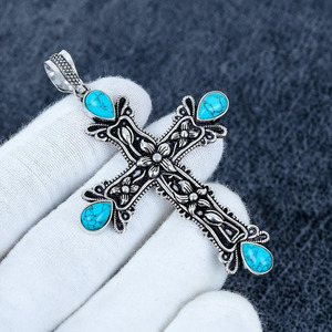 Colgante de cruz de turquesa hecho a mano, joyería bohemia chapada en plata de ley 925, el mejor regalo para Navidad - Product Image 2