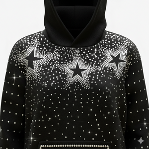 Sudadera con Capucha Oversize de Forro Polar con Estrellas de Diamantes de Imitación Negros, Estilo Vintage Urbano, para Hombre y Mujer - Product Image 1