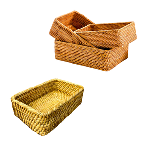Juego de 3 Cestas/Bandejas Rectangulares de Mimbre RATTAN, Organizador de Mimbre Natural para Cocina y Sala de Estar - Product Image 1