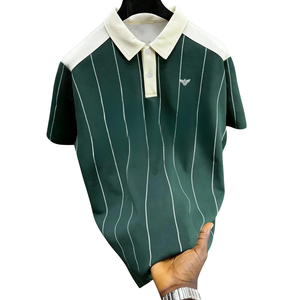 Camisa a Rayas Antiarrugas para Hombre, Manga Corta, Casual, para Golf, Tenis, Transpirable, Corte Regular, Suave, para Uso Diario en Verano, Verde - Product Image 1