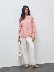 Chemisier en mousseline de soie pour femme, imprimé floral rose pastel, coupe décontractée, manches trois quarts, boutonné, style bohème ethnique, pour le quotidien - Product Image 3