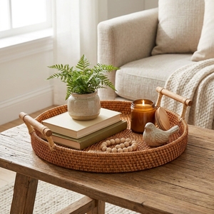 Decorative Round Rattan Tray with Handles Handmade Woven Storage <b>Basket</b> for Coffee <b>Table</b> and Home Uses - Product Image 3