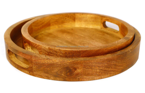 Set of 2 Rustic Acacia Wood and <b>Metal</b> Cheese Platters Raised <b>Edge</b> Snack Dish Trays Decorative Bamboo Serving Tray Set - Product Image 2