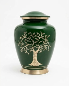 Urne funéraire en métal vert émeraude avec motif Arbre de Vie, bordure dorée, couvercle bombé et détails commémoratifs faits à la main - Product Image 2
