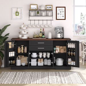 Mobiletto da Cucina Stile Fattoria con Ante Scorrevoli da 160 cm, 2 Cassetti, Grande Credenza, Tavolo Bar Caffè, Ripiani Regolabili - Product Image 3