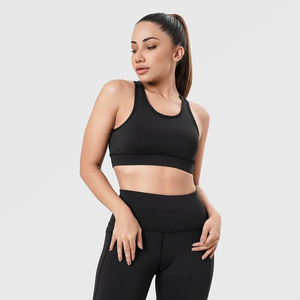 Soutien-gorge de sport dos nageur noir uni pour femme, sans couture, maintien moyen, haut de yoga et d'entraînement, respirant, vêtement de fitness en Spandex/Nylon à séchage rapide - Product Image 2