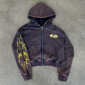 Hoodie graphique 500 g/m² DTG, coupe courte, brodé, zippé, en molleton French Terry, streetwear personnalisé, coupe boxy, avec fermeture éclair et motifs en relief - Product Image 3
