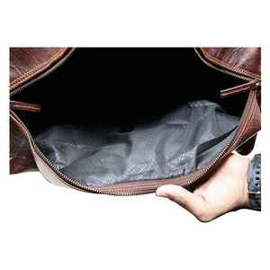 Sac de voyage en cuir marron grande capacité avec fermeture éclair, classique, pour week-end, unisexe, poignée souple, doublure en polyester - Product Image 5