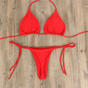Ensemble bikini sexy pour femme, haut triangle à nouer, bas string, deux pièces, couleur unie, extensible, séchage rapide, plissé, maillot de bain pour vacances à la plage - Product Image 1