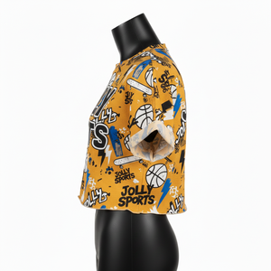 T-shirt court en jersey de coton premium pour femme, jaune, imprimé intégral, logo personnalisé sérigraphié, respirant - Product Image 3